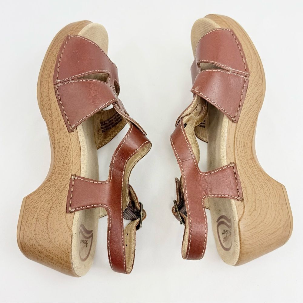 Dansko SINGRID Brown Leather Open Toe Chunky Woodgrain Heel Slingback Sandals - Picture 7 of 12
